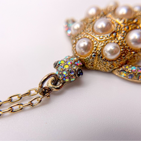 Betsey Johnson Signed Sea Turtle Pendant Necklace w/ Faux Pearls and Rhinestones - Picture 8 of 14